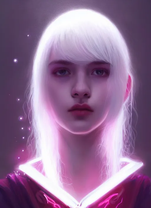 Image similar to hair whitebangs hair, white hair, whitebangsblackhair, portrait of teenage girl with white bangs, red irises, purple clothes, intricate, elegant, glowing lights, highly detailed, digital painting, artstation, concept art, sharp focus, illustration, art by wlop, mars ravelo and greg rutkowski