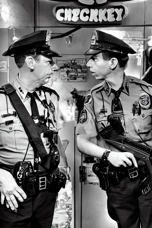 Image similar to andy griffith and barney fife, police stake out, at a birthday party at chuck e cheese, mid 9 0 s, gritty, ethereal details, cinematic lighting, hyper - detailed, maximalist, artstation, 8 k