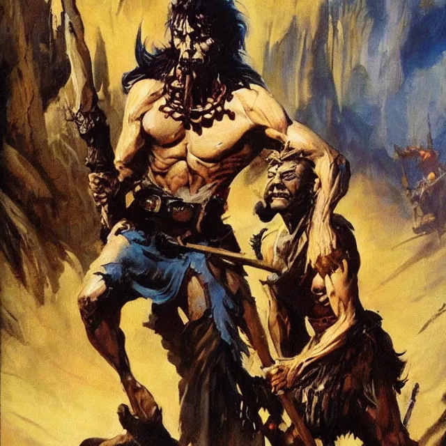 Prompt: highly detailed frank frazetta painting of lanky disheveled artist sorcerer holding scimitar in arabian surroundings