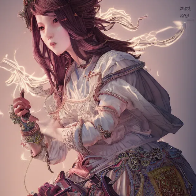 Image similar to the portrait of neutral good colorful female cleric bard as absurdly beautiful, gorgeous, elegant, skinny young gravure idol, an ultrafine hyperdetailed illustration by kim jung gi, irakli nadar, intricate linework, sharp focus, bright colors, octopath traveler, final fantasy, unreal engine 5 highly rendered, global illumination, radiant light, detailed and intricate environment