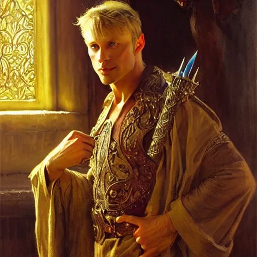 Image similar to handsome arthur pendragon in love with handsome merlin the mage. highly detailed painting by gaston bussiere, craig mullins, j. c. leyendecker