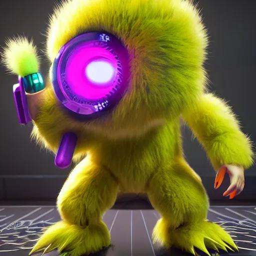 Image similar to high quality 3 d render cyberpunk very tennis ball monster highly detailed, unreal engine cinematic smooth, in the style of blade runner & detective pikachu, hannah yata charlie immer, purple light, low angle, uhd 8 k, sharp focus