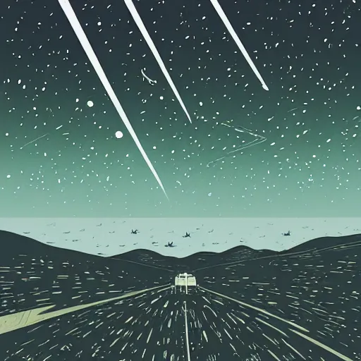 Image similar to ilya kuvshinov, mcbess, rutkowski, illustration of an amazing meteor shower