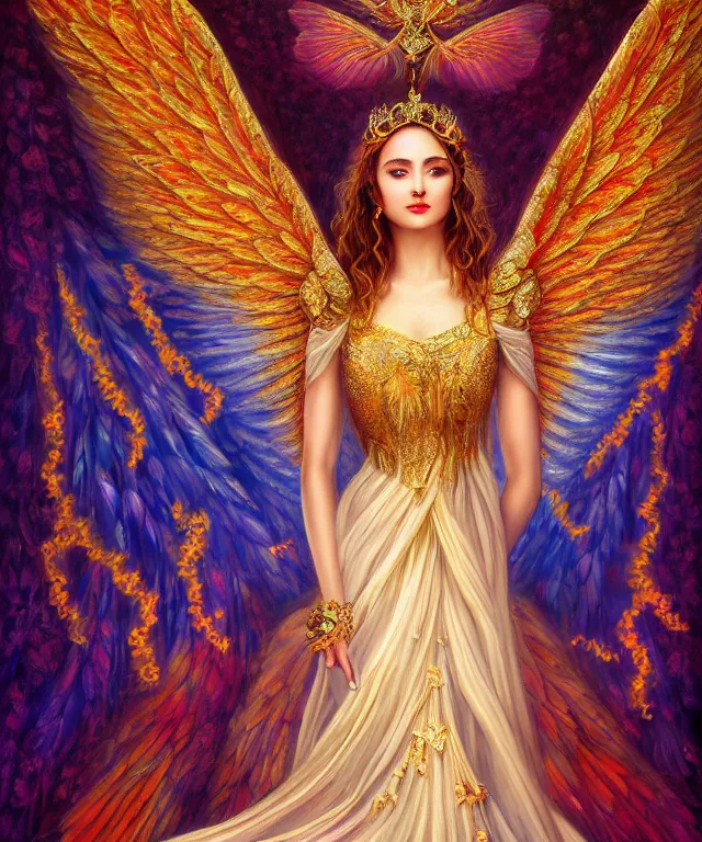 Prompt: a ultradetailed painting of a beautiful! empress of beauty and nature, symmetrical features, ornate dress, encompassing angelic wings, magical realism, volumetric lighting, 4 k