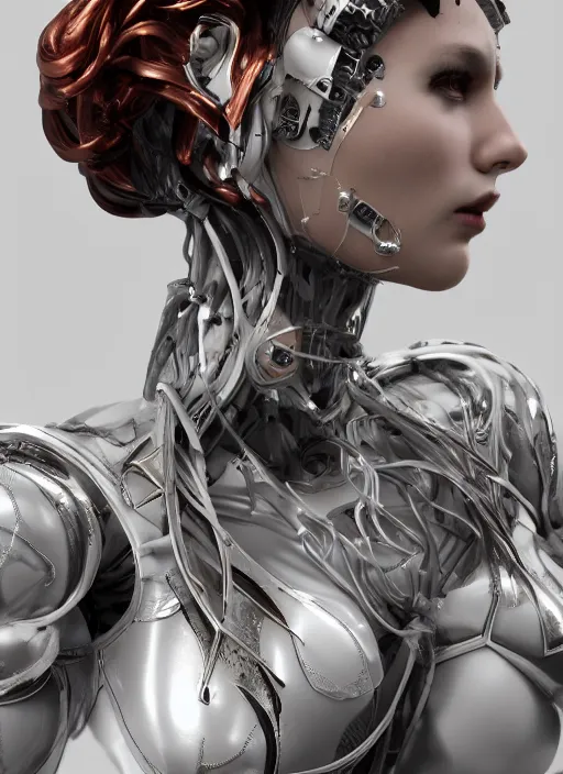 Image similar to white cyborg fashion shot, cyber copper wires and spirals hairdo, baroque design, headshot half figure, photorealistic, unreal engine, trending on artstation,