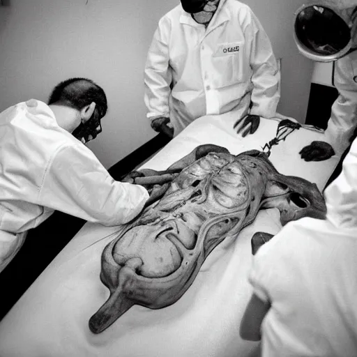 Image similar to photo of an alien autopsy, black and white, wide angle