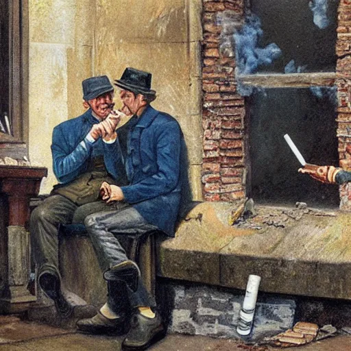 Prompt: Beautiful painting of Irish rebels smoking cigarettes inside a ruined building, General Post Office in Dublin, 4K