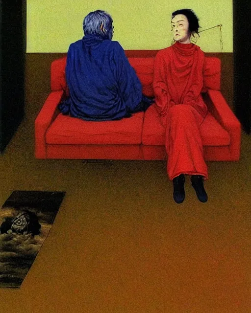 Image similar to early color photo of an old dead couple sitting on a couch in an old soviet apartment and looking at the scared enlightened boy flying up in sky, Beksinski impasto painting, part by Adrian Ghenie and Gerhard Richter. art by Takato Yamamoto, masterpiece