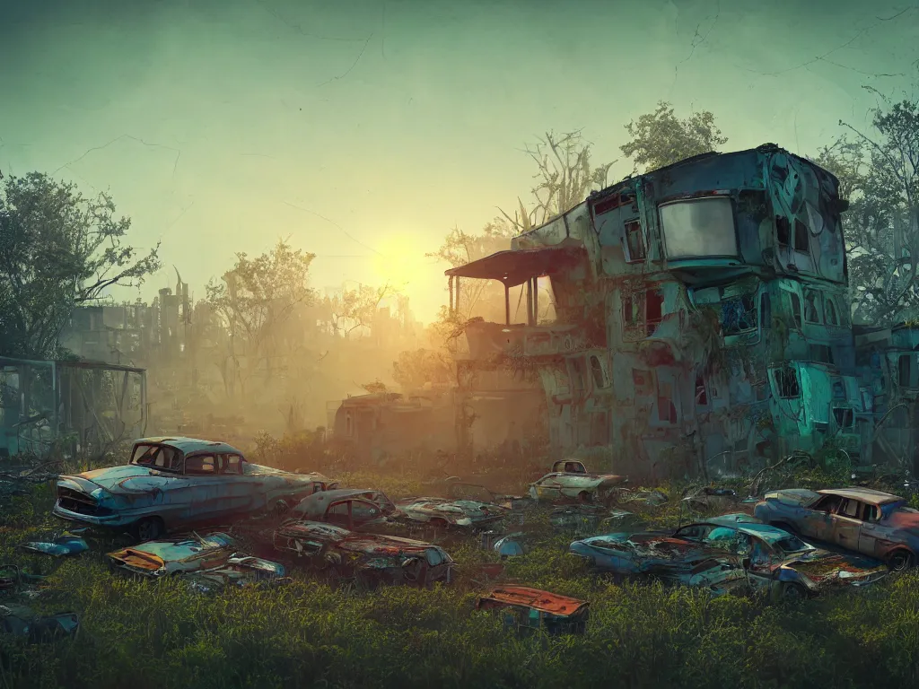 Prompt: beautiful house made from junkyard scrap parts, in an abandoned car lot overgrown, junk architectural, futuresynth, chillwave, scrapyard architecture, blender, sunrise, (((mist))), ruined city in the background, trending on artstation, by gal barkin