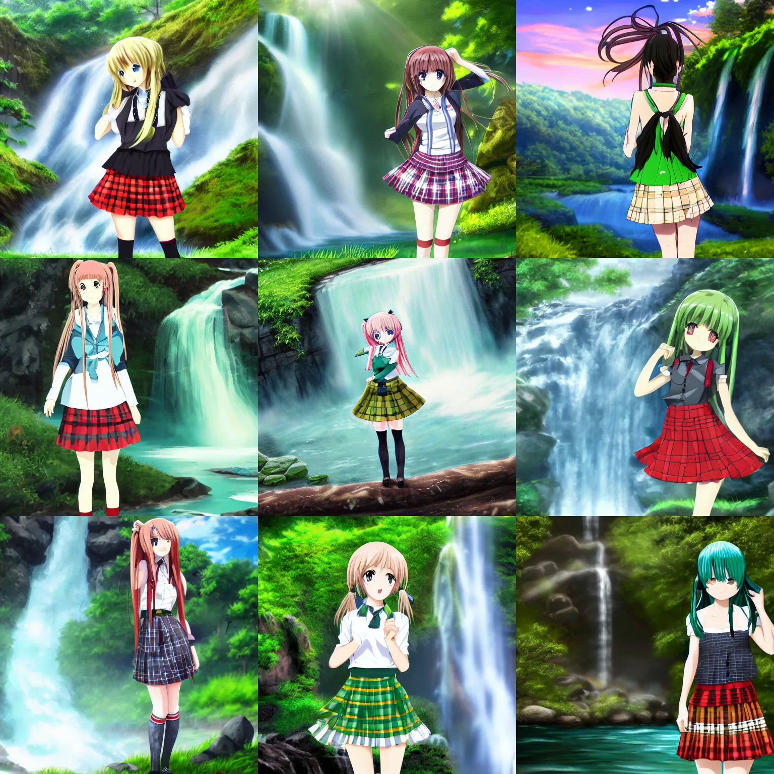 Prompt: high quality anime-style image of a beautiful woman wearing a plaid schoolgirl skirt, green curled pigtails hair, standing near a waterfall, 4k, digital art, wallpaper