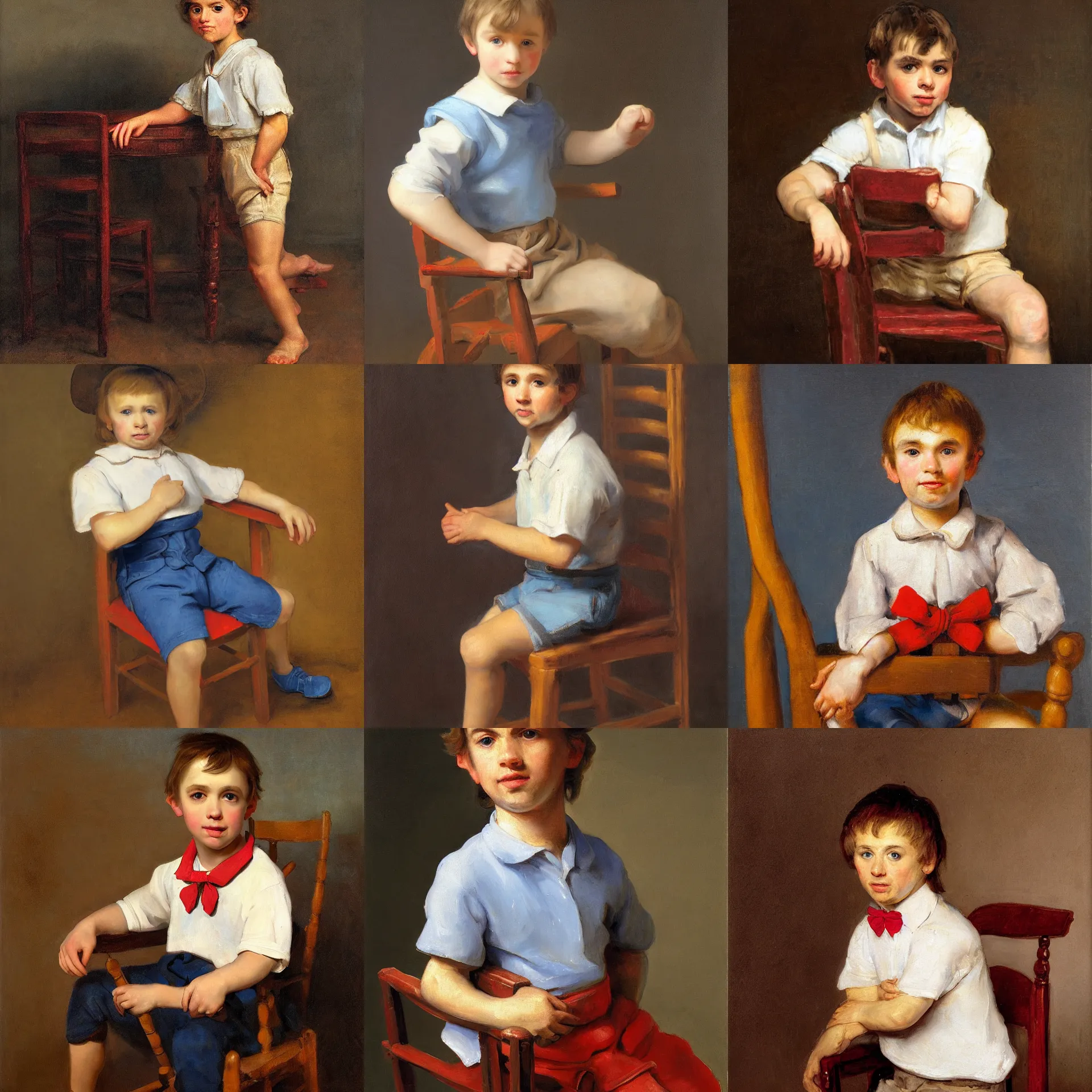 Prompt: a front view portrait of a young caucasian boy, with short straight brown hair, blue eyes, wearing a white shirt with a red bow, beige shorts and dark color shoes ; seated on a tall wooden chair ; ligh brown background, oil painting, oil canvas, volumetric light, in the style of rembrandt