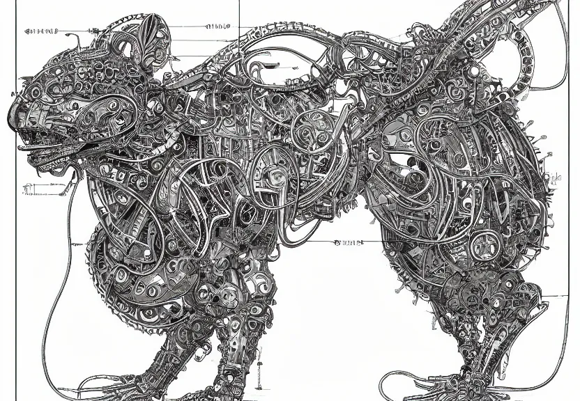 Image similar to 1 / 4 frame, schematic blueprint of highly detailed ornate filigreed convoluted ornamented elaborate cybernetic rat, full body, character design, middle of the page, art by da vinci