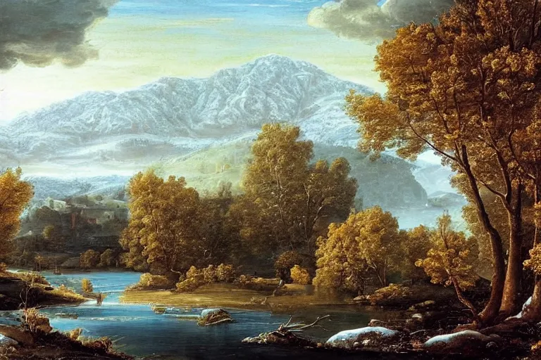 Image similar to beautiful landscape with winter river and oak trees, mythology, fantasy, landscape background, vivid colors, digital painting, very detailed, realistic, high quality, by claude lorrain