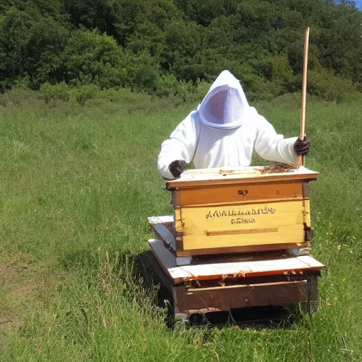 Prompt: the king of the beekeepers on his throne