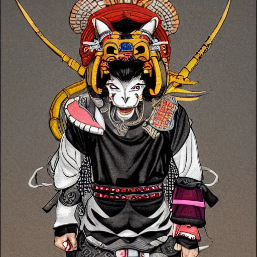 Image similar to a detailed portrait of a fashionable ancient japanese demon oni wearing a cyberpunk bosozoku outfit the style of william blake and norman rockwell, kubrick, muted color scheme, crisp, artstationhd