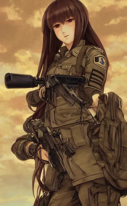 Image similar to soldier girl, trading card front, anime style, long hair, hair down, symmetrical facial features, from girls frontline, hyper realistic, pale skin, 4k, rule of thirds, extreme detail, detailed drawing, trending artstation, hd, fantasy, D&D, realistic lighting, by Alphonse Mucha, Greg Rutkowski, sharp focus, backlit, soldier clothing