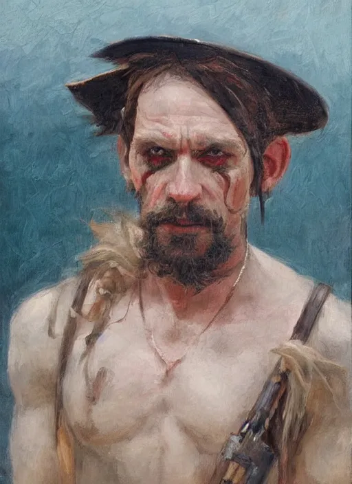 Image similar to portrait of a goblin pirate, gritty, fantasy character portrait, ocean background, artwork by Jeremy Lipkin and Giuseppe Dangelico Pino and Michael Garmash and Rob Rey, very coherent asymmetrical artwork, sharp edges, perfect face, simple form, 100mm