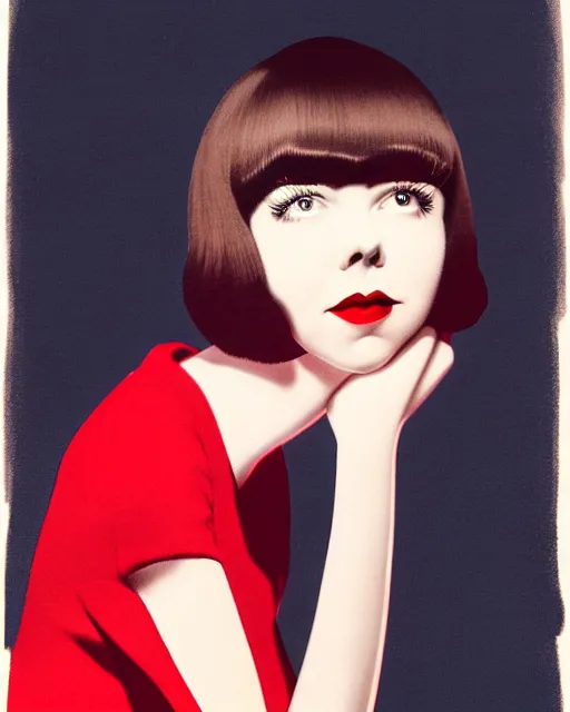Prompt: colleen moore 2 5 years old, bob haircut, portrait casting long shadows, resting head on hands, by ross tran, reddress, 1 9 8 0 s airbrush