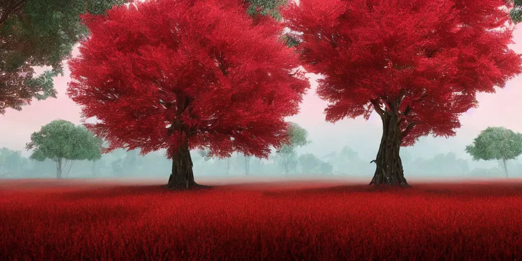 Prompt: a single big red tree in the middle of a battlefield near a bunch of red flowers at sunrise, hyperrealistic, concept art, octane render, unreal engine 5, trending on Artstation, high quality, 8K, dramatic lighting, cinematic, high coherence, highly detailed, Midjourney style, epic scene, path traced, low contrast, complementary colors