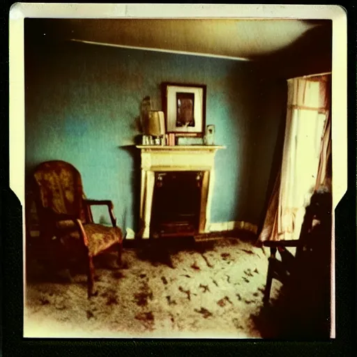 Prompt: coloured atmospheric polaroid photo of a old living room interior with transparent ghosty banshee corpse body floating