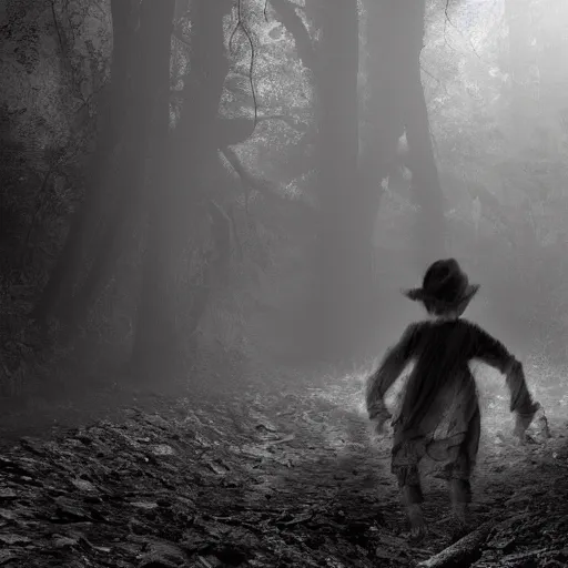 Image similar to a grave digger with remnants of angel wings is chasing a child through a creek in the woods, bad dream, hazy memory, volumetric, dark black and white in the style of alvin schwartz, epic angles