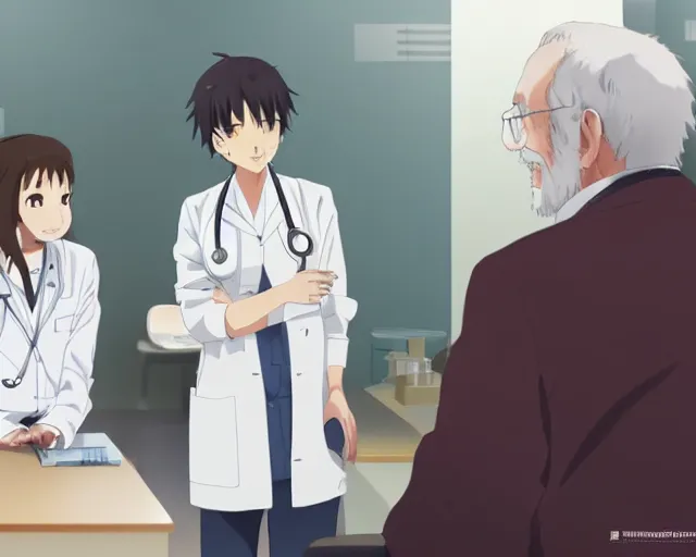 Image similar to a cute young female doctor wearing white coat are talking with an old surgeon in a clinic, slice of life anime, lighting, anime scenery by Makoto shinkai