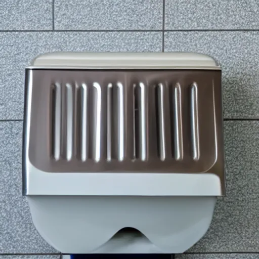 Prompt: commercial washroom hand dryer, metal vent with 🥓 dispenser, detailed instructions