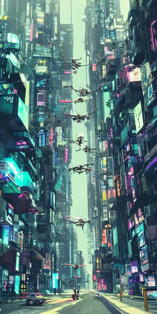 Prompt: cyberpunk street with drones patrolling