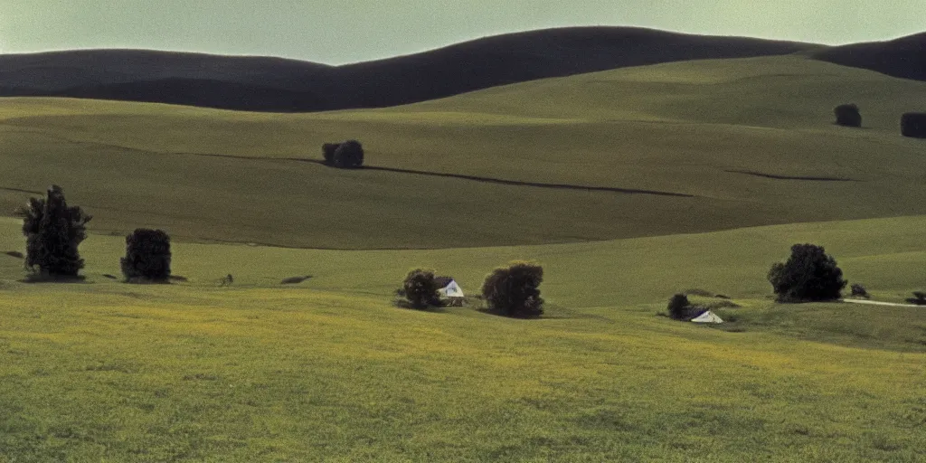 Image similar to A full color still from a Stanley Kubrick film featuring rolling green hills with windows, doors, and chimneys built into the hills, 35mm, 1975