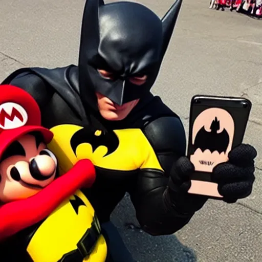 Image similar to batman happy to take a selfie with mario