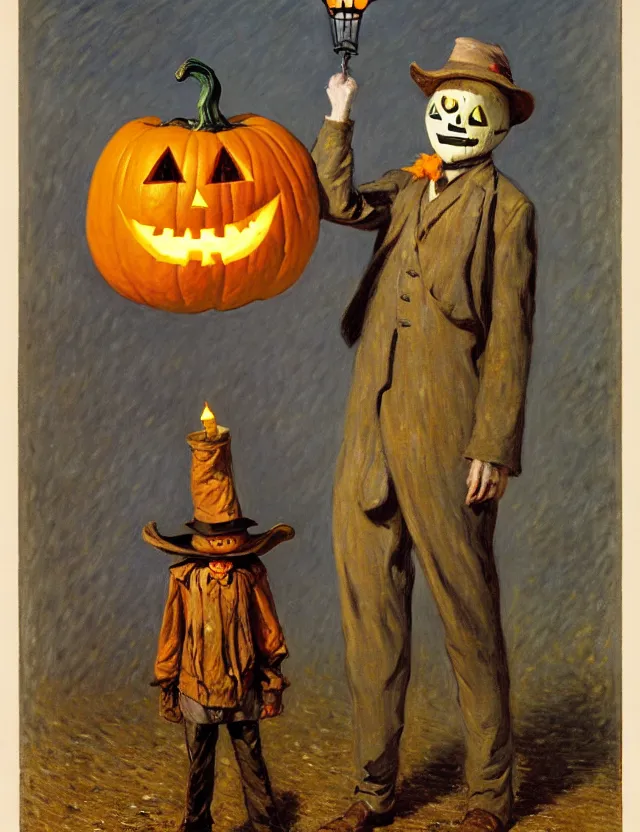 Image similar to a scarecrow with a jack - o - lantern head, holding a lantern, as a matte oil painting and d & d character art, by gustave caillebotte, standing, fullbody, flying bats, loose pages, concept art, award - winning, extremely detailed, sharp focus