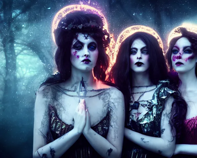 Image similar to three stunning otherworldly gothic goddesses of beauty wearing psychedelic wicca, full body, dark and mysterious, atmospheric, ominous, eerie, cinematic light, epic, 8 k 3 d, ultra detail, ultra realistic