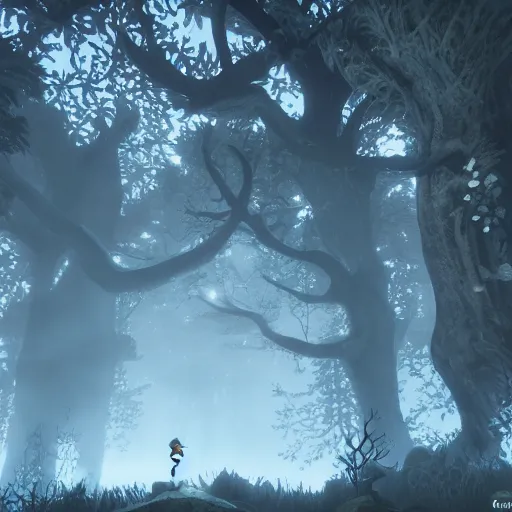 Image similar to enchanted magical mysterious forest, parallax layer from a gorgeous indie platform game, on a white background, intricate, highly detailed, volumetric fog, masterpiece