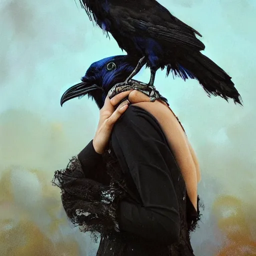 Image similar to morning, raven bird perching on the shoulder of a woman in a black dress. sun, cinematic, clouds, vogue cover style, copper and deep blue mood, realistic painting, intricate oil painting, high detail, figurative art, multiple exposure, poster art, 3 d, by simon bisley, ismail inceoglu, wadim kashin, filip hodas.