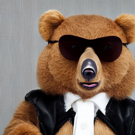 Prompt: photo of a cool bear wearing sunglasses being interviewed on the radio. the background is a dark carpet hanging on the wall.