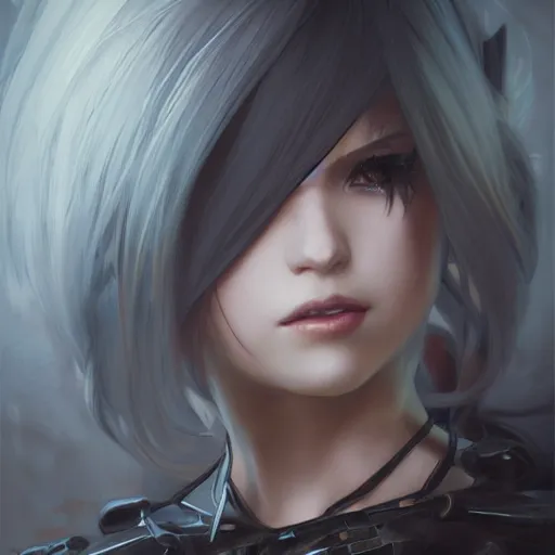 Prompt: closeup of 2B from NieR Automata, D&D, fantasy, intricate, elegant, highly detailed, digital painting, artstation, concept art, matte, sharp focus, illustration, hearthstone, art by Artgerm and Greg Rutkowski and Alphonse Mucha