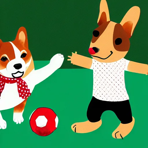 Image similar to illustration of french boy in paris playing football against a corgi, the corgi is wearing a polka dot scarf