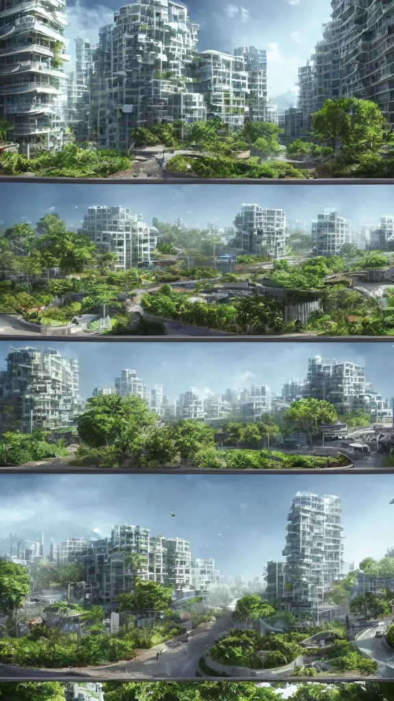 Prompt: 5 - panel comic page layout. 2 characters talking about sustainable futuristic building in a urban setting. ultrarealistic matte painting on white page. the building has many deep and tall balconies covered in plants and trees. thin random columns, large windows, deep overhangs. plants hang from balconies. greeble articulated details with plants. 8 k, uhd.