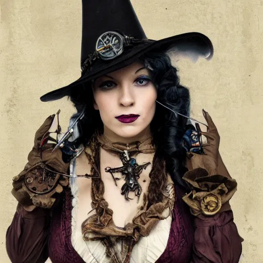 Prompt: photo of a beautiful steampunk witch, portrait