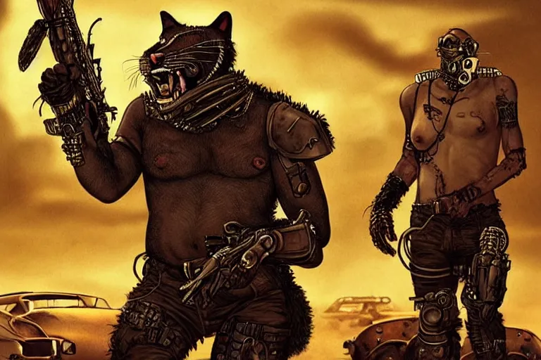 Image similar to a good ol'jaguar fursona ( from the furry fandom ), heavily armed and armored facing down armageddon in a dark and gritty version from the makers of mad max : fury road. witness me.