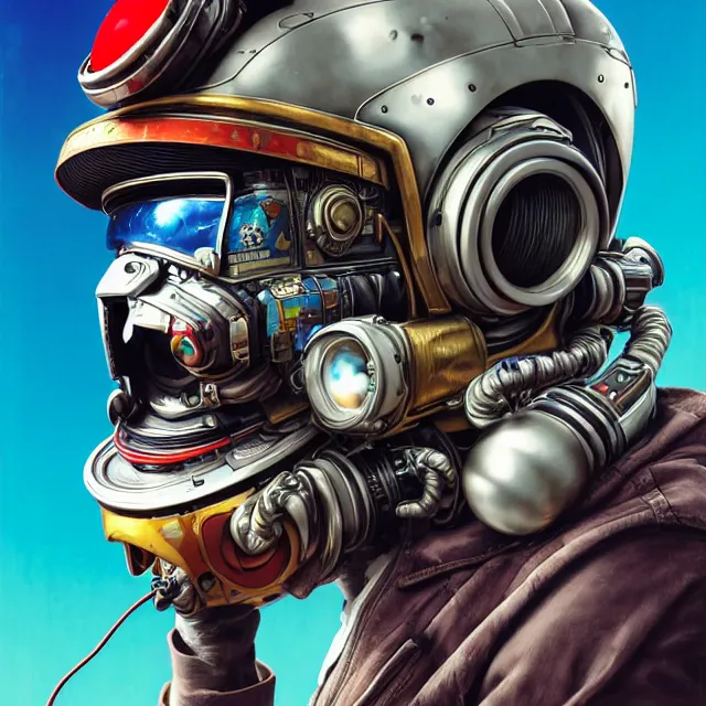 Prompt: a portrait of an anthropomorphic cyberpunk baboon in a crash helmet by sandra chevrier, detailed render, tape deck, boombox, epic composition, cybernetics, 4 k realistic, cryengine, realistic shaded lighting, sharp focus, masterpiece, by matteo scalera, gary montalbano, peter elson in the style of the tokyo ghost comic