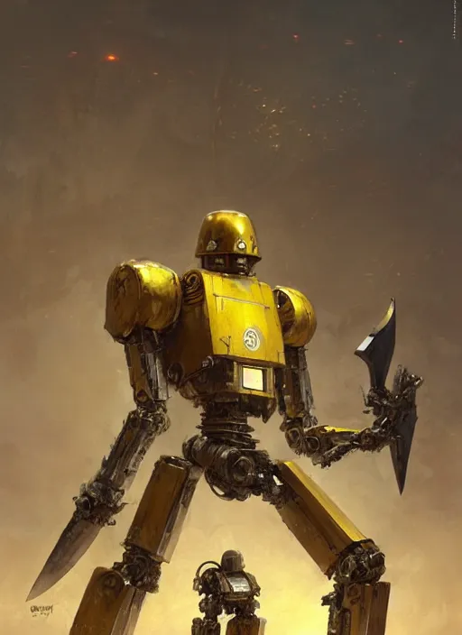 Image similar to human-sized strong intricate yellow pit droid carrying great sword, pancake short large head, exposed metal bones, painterly humanoid mecha, by Greg Rutkowski