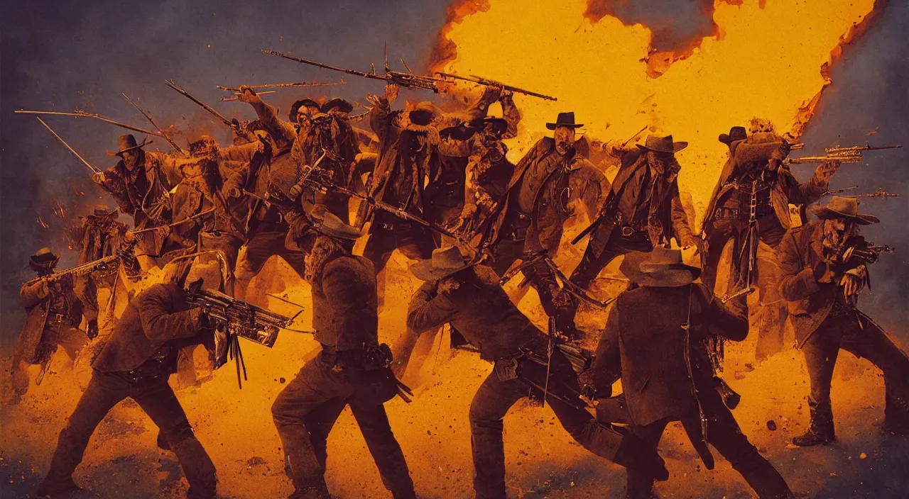 Prompt: epic action gunfight battle scene with fire and explosions from The Hateful Eight by Quentin Tarantino in style by Dave Gibbons, John Berkey, Beksinski Carl Spitzweg Moebius and Tuomas Korpi, trending on artstation, details, noisy film grain effect, wide shot, 30mm, intricate, 4k, very very high detailed perfect faces