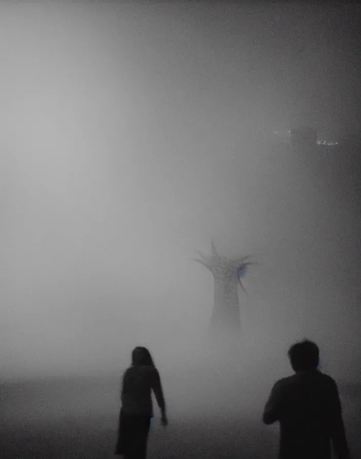 Image similar to very low - resolution found footage of a couple escaping in the city from a starfish kaiju monster, fog, foggy, korean film noir, monochrome, red hue, thriller, underdeveloped, epic, dramatic