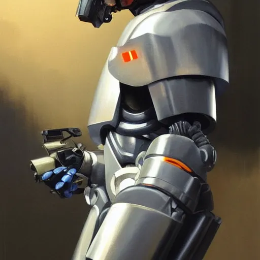 Image similar to greg manchess portrait painting of james murphy the robocop as overwatch character, aesthetic, medium shot, asymmetrical, profile picture, organic painting, sunny day, matte painting, bold shapes, hard edges, street art, trending on artstation, by huang guangjian and gil elvgren and sachin teng