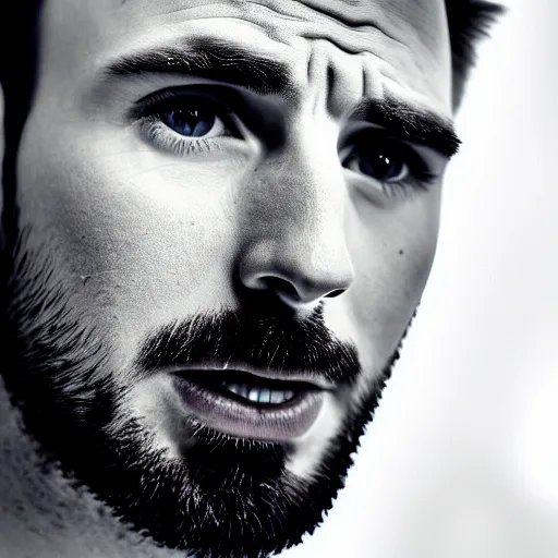 Prompt: Photo of Chris Evans, close-up, high detail, studio, ominous background, smoke, 85mm Sigma Art Lens