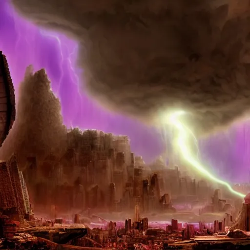 Prompt: huge tornadoes, the mysterious city of atlantis appears a strange purple red lightning tornado. countless broken stones float in the tornado vortex, reversing the future. the atmosphere is excellent, fantasy, rich colors, starlight rippling, dreamlike, magnificent close - up shot of the film, trending on artstation, realistic matte painting.