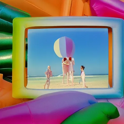 Prompt: a pastel colour high fidelity wide angle Polaroid art photo from a holiday album at a seaside with abstract inflatable parachute furniture, all objects made of transparent iridescent Perspex and metallic silver, high fidelity people in masks dance in the distance, iridescence, nostalgic