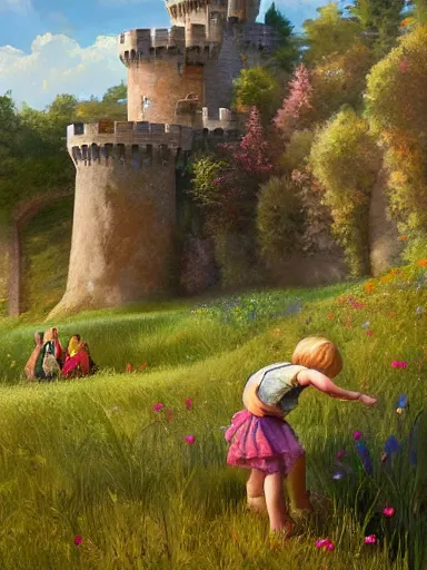 Prompt: children playing inside a meadow inside the castle walls. intricate, elegant, highly detailed, digital painting, artstation, concept art, sharp focus, illustration, by justin gerard and artgerm, 8 k