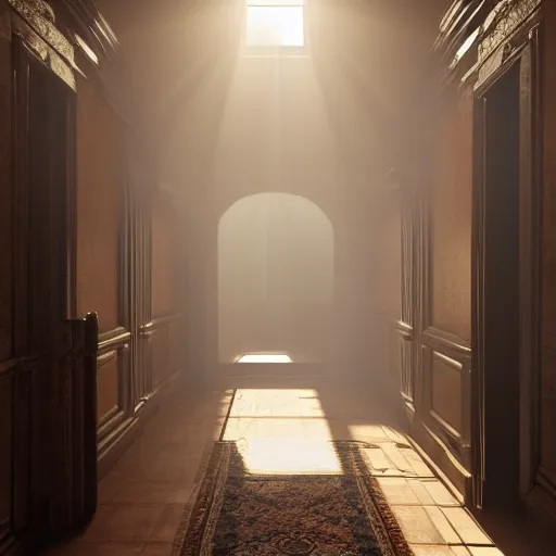 Image similar to inside a victorian hallway with bookcases on the walls, sunlight shines through the windows and produces rays of light in the dust ray traced unreal 5, ultra details